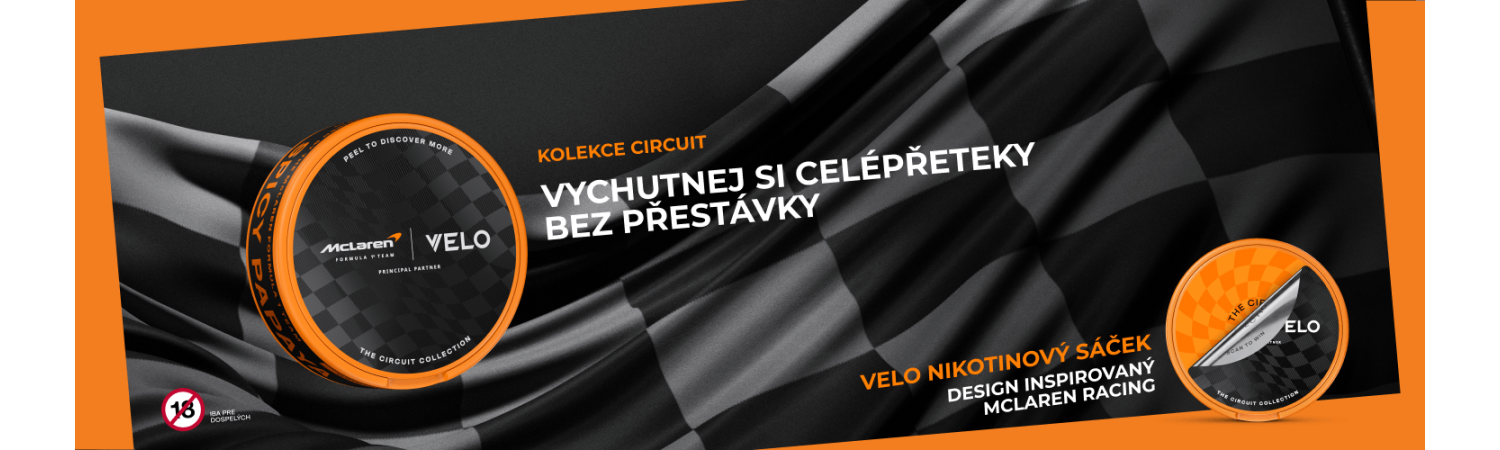 VELO Circuit x McLaren – prémiová kolekce pro fanoušky Formule 1 s výrazným černo-oranžovým designem a sloganem „Vychutej si celé závody bez přestávky"